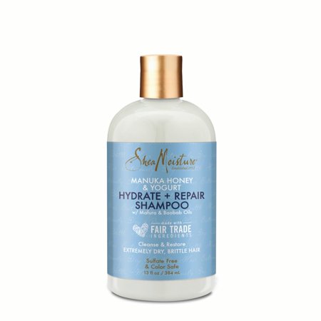 Sulfate-free shampoo bottle with a light blue label, gold cap, and white body, featuring "SheaMoisture Manuka Honey & Yogurt" text, designed for damaged wavy and curly hair.