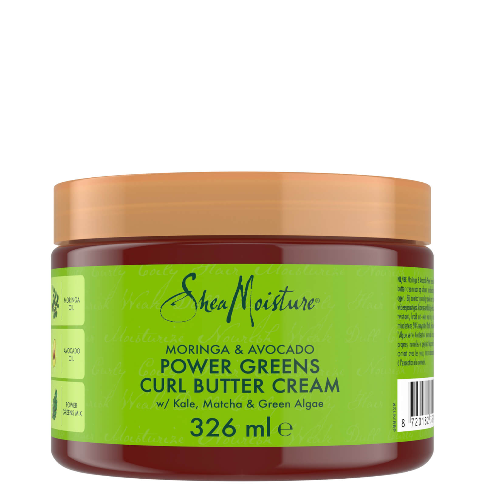 A green jar with a brown lid, labeled "SheaMoisture Moringa & Avocado Power Greens Curl Cream," featuring key ingredients like kale, matcha, and green algae, 326 ml.