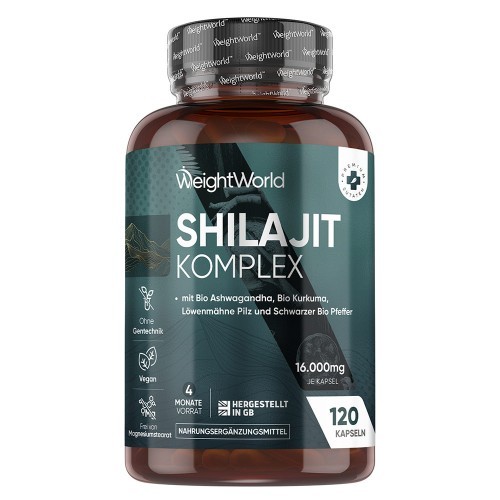 Dark brown bottle with a black and white label, featuring "Shilajit Komplex" in bold letters, containing 120 vegan capsules, highlighting key ingredients like Ashwagandha and Bio Kurkuma.