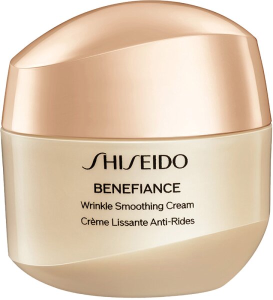 Shiseido Benefiance Smoothing Soothing Anti-Wrinkle Cream in a light gold jar with a curved lid, featuring elegant black text on a cream background, 30ml size.