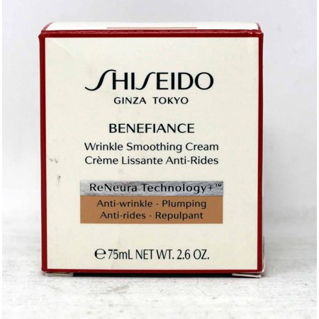 Red and white box featuring "Shiseido Benefiance Wrinkle Smoothing Cream," highlighting ReNeura Technology+, with details on anti-wrinkle and plumping benefits.