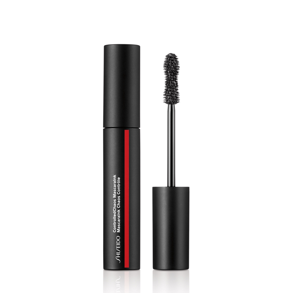 Shiseido Controlled Chaos Mascara Ink in a sleek black tube with a red accent, featuring a unique brush for volumizing and defining lashes.