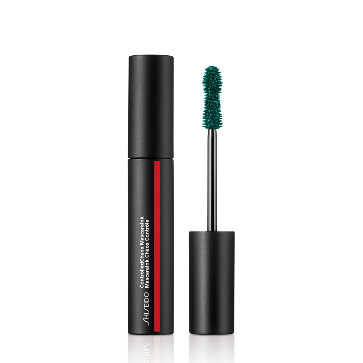 Shiseido Controlled Chaos Mascara Ink in vibrant green, featuring a sleek black tube with a red accent and a unique brush for precise application.