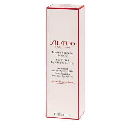 Tall, rectangular white box with red accents, featuring the Shiseido logo and product name, labeled "Treatment Softener Enriched" for normal, dry, and very dry skin, 150ml.