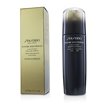 Shiseido Future Solution LX Concentrated Balancing Softener in a sleek black bottle with a gold and black box, featuring elegant branding and product details.