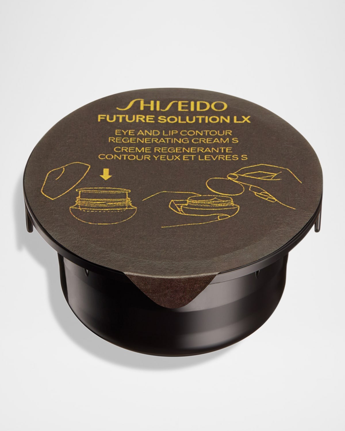 Shiseido Future Solution LX Eye and Lip Contour Regenerating Cream refill, featuring a dark brown container with gold text and illustrations on a black lid.