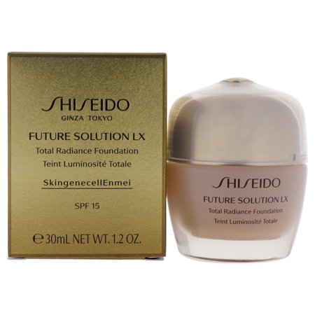 Shiseido Future Solution LX Total Radiance Foundation in a 30ml glass bottle, featuring a beige shade labeled "4 Rose," with a gold box and SPF 15 indication.
