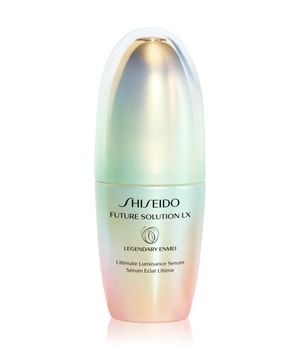 A sleek, iridescent bottle with a rounded top and a gold label, featuring the text "Shiseido Future Solution LX Legendary Enmei Ultimate Luminance Serum" in elegant font.