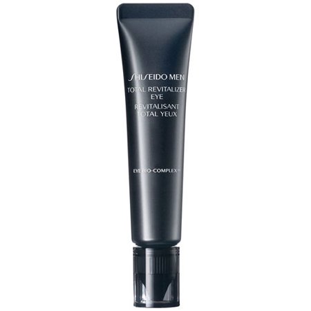 Black tube packaging with a sleek design, labeled "Shiseido Men Total Revitalizer Eye 15ml," featuring a twist-off cap and a minimalist aesthetic.