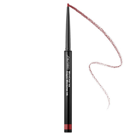 Shiseido MicroLiner Ink in Burgundy 10, featuring a slim, retractable pencil design with a fine tip, alongside a swatch of burgundy color.
