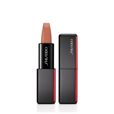 ModernMatte Powder Lipstick in shade 504 Thigh High by Shiseido, featuring a sleek black and red case with a matte nude-brown lipstick bullet.
