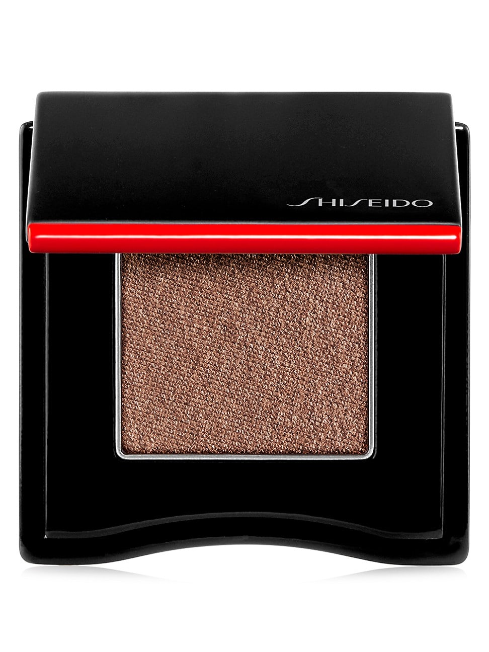 Shiseido Pop Powdergel 04 features a sleek black compact with a red accent, containing a shimmering bronze powder eyeshadow with a textured surface.