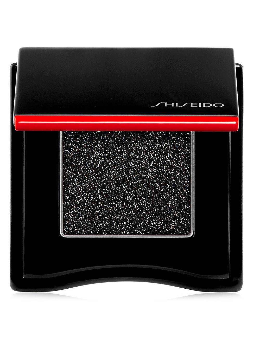 Shiseido POP PowderGel Eye Shadow in Black features a sleek black compact with a glossy finish and a bold red accent on the lid, showcasing a shimmering black powder inside.