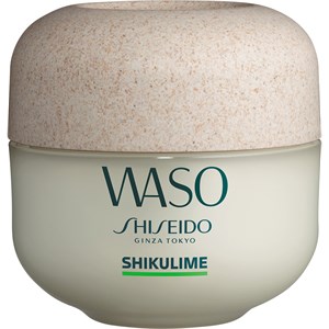 White cream jar with a textured beige lid, labeled "WASO" and "SHIKULIME" in green, featuring a sleek, modern design, indicating moisturizing properties.