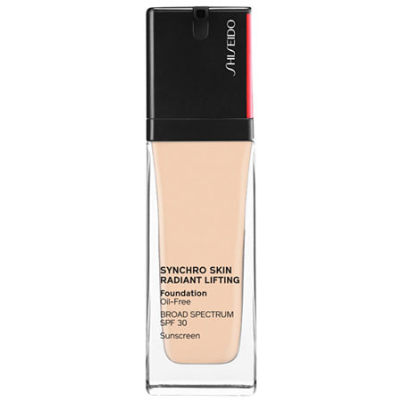 Shiseido Synchro Skin Radiant Lifting Foundation in Nude, featuring a sleek glass bottle with a black cap, labeled with product details and SPF 30.
