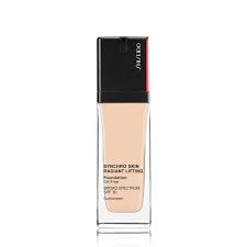 Shiseido Synchro Skin Radiant Lifting Foundation in shade 240 Quartz, housed in a sleek glass bottle with a black cap, features a lightweight formula with SPF 30 for sun protection.