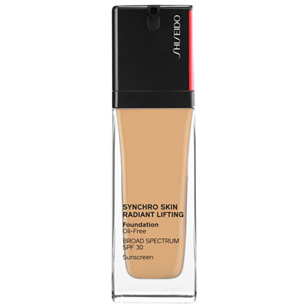 Shiseido Synchro Skin Radiant Lifting Foundation in 340 Oak, a 30ml glass bottle with a pump dispenser, featuring a beige liquid formula and a sleek black and red cap.