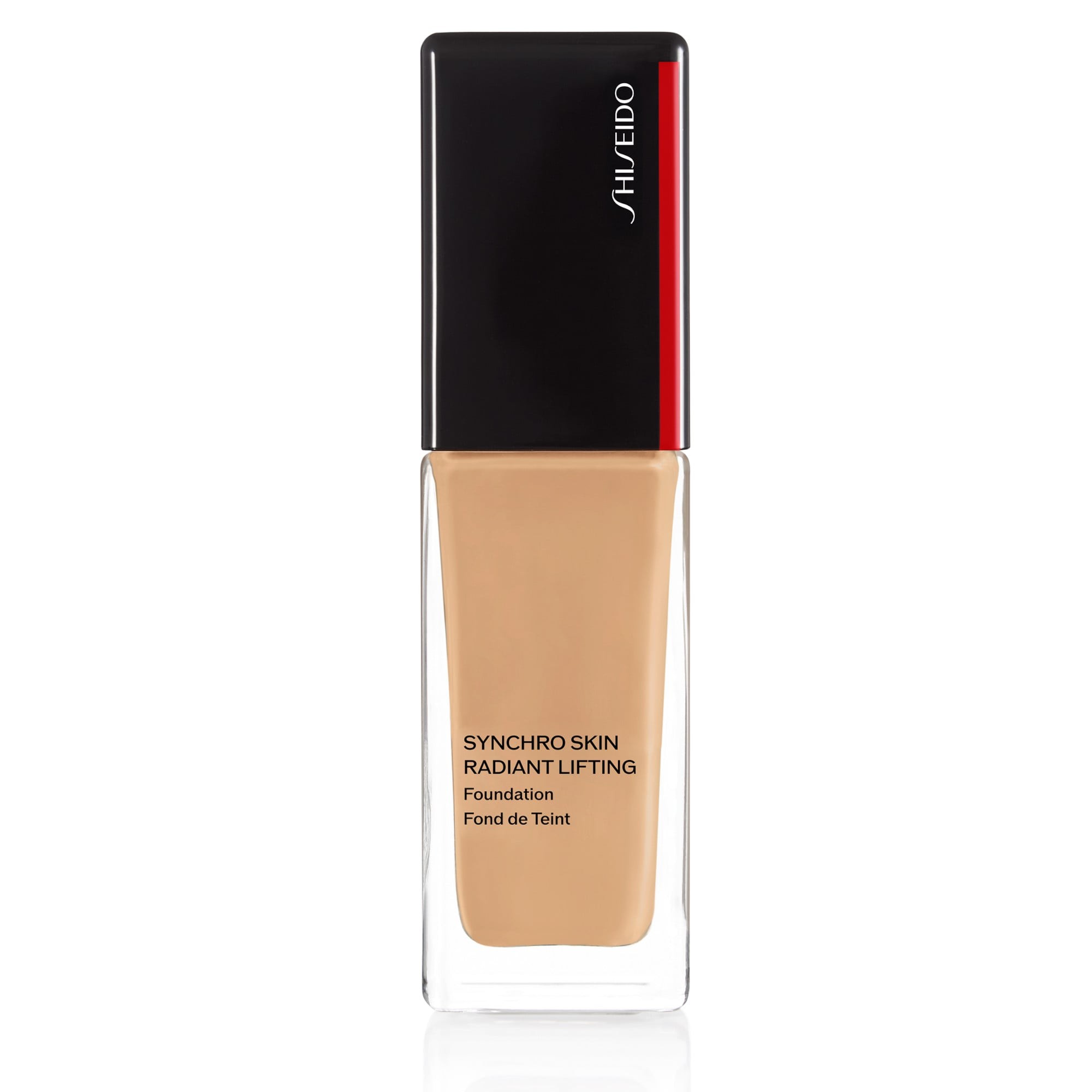 Shiseido Synchro Skin Radiant Lifting Foundation in #330 Bamboo, featuring a sleek glass bottle with a black and red cap, holds 30ml of a warm beige liquid foundation.