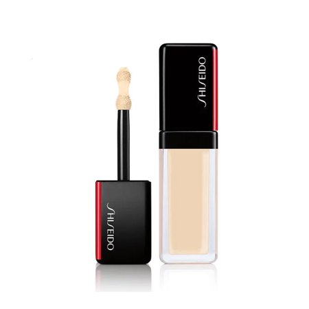 Shiseido Synchro Skin Self-Refreshing Concealer in shade 101 Fair, featuring a sleek black and red tube with a clear section, accompanied by a sponge applicator.