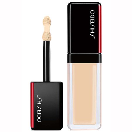 Shiseido Synchro Skin Self-Refreshing Concealer in shade 102 Fair, featuring a sleek black and red tube with a sponge applicator and a creamy light beige formula.