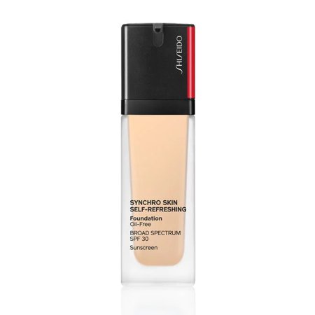 Shiseido Synchro Skin Self Refreshing Foundation in shade 130, featuring a sleek glass bottle with a black and red cap, labeled with product details and SPF 30.