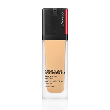 Shiseido Synchro Skin Self Refreshing Foundation in a clear glass bottle with a black and red cap, labeled with "Self-Refreshing Foundation" and "Broad Spectrum SPF 30," available in various shades.