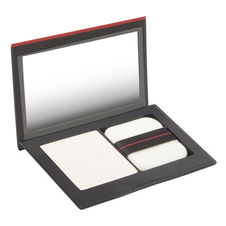 Translucent matte pressed powder in a sleek black compact with a red trim, featuring a mirror and a dual-sided applicator sponge.