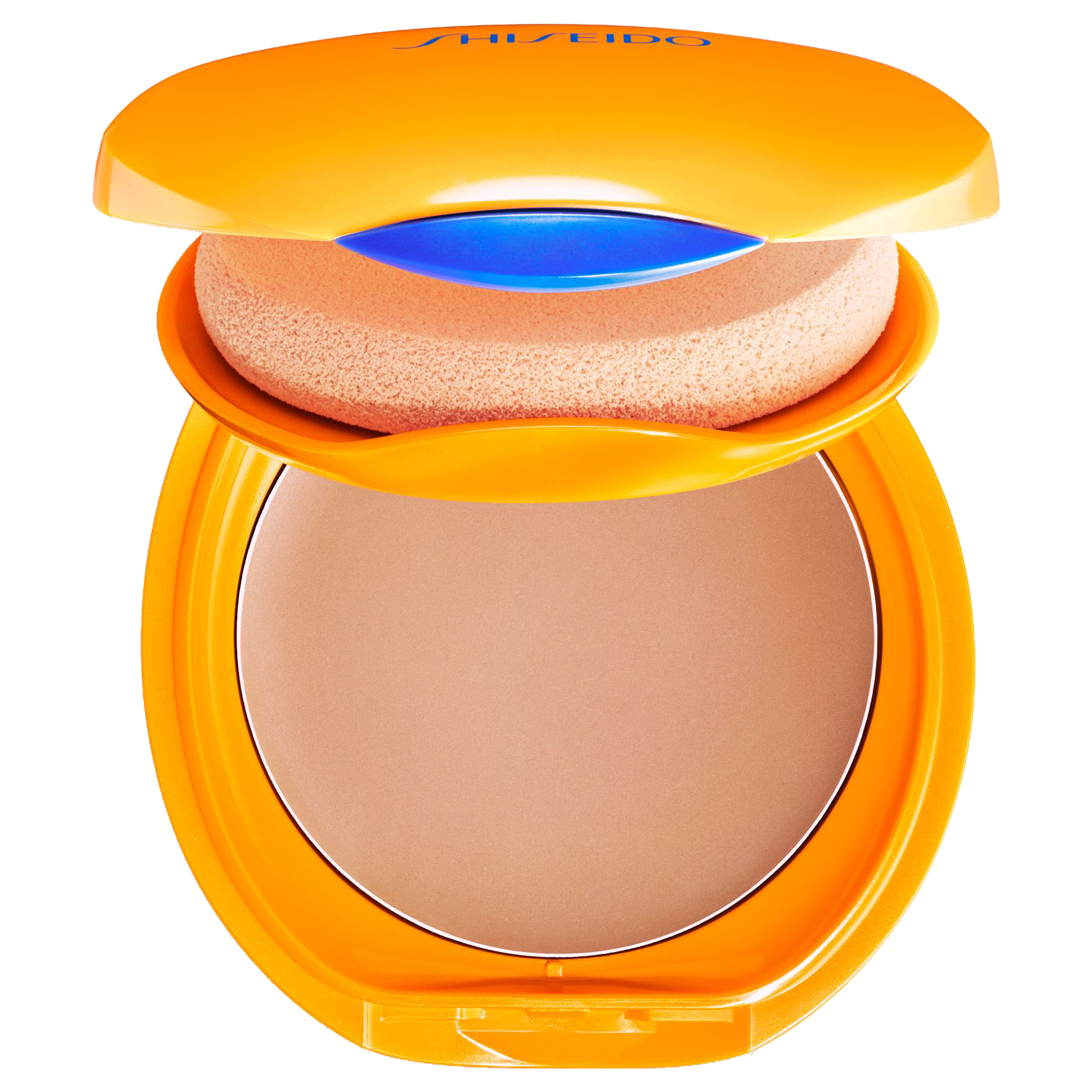 Shiseido Tanning Compact Foundation in Honey, featuring a vibrant orange compact, a soft sponge applicator, and a smooth, light tan powder inside.