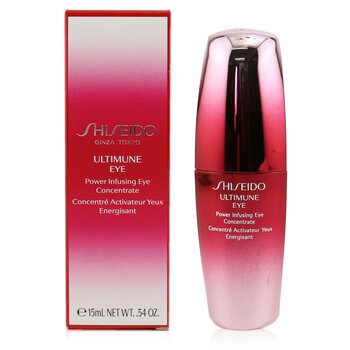 Shiseido Ultimate Protection Infusion Concealer Eye in a sleek, pink ombre bottle with a silver cap, packaged in a matching pink box, 15ml size.