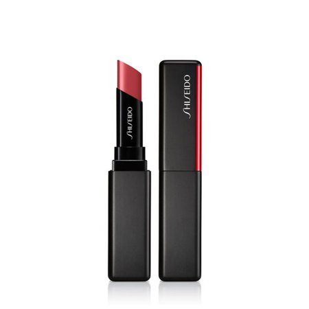 Shiseido lipstick in a sleek black and red case, featuring a soft pink bullet, designed for smooth application and a glossy finish.