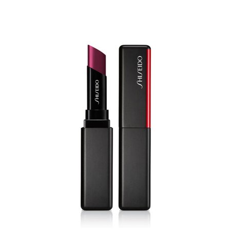 Shiseido VisionAiry Gel Lipstick in shade 216 Vortex, featuring a sleek black and red casing, with a vibrant berry-colored gel lipstick bullet exposed.