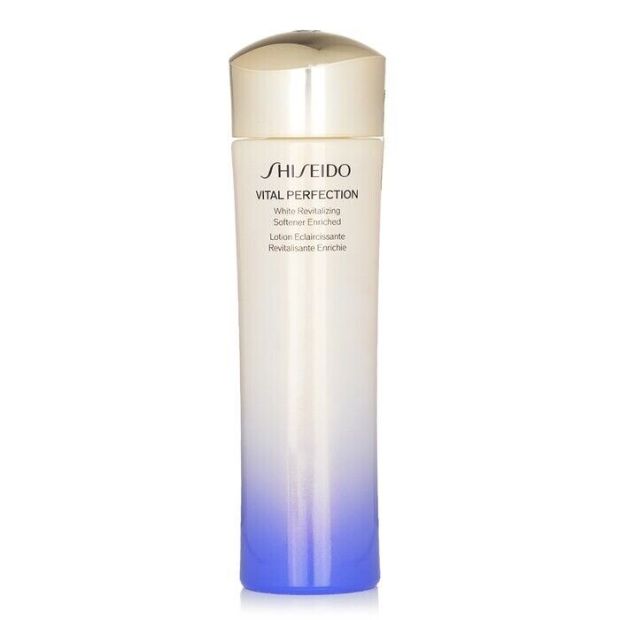 Shiseido Vital-Perfection White Revitalizing Softener in a sleek, gradient bottle, transitioning from gold to blue, featuring elegant text and a shiny, rounded cap.