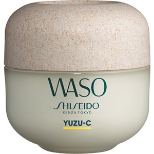 Shiseido Night Mask in a 50 ml jar features a pale green cream with a textured beige lid, labeled "WASO" and "YUZU-C" in bold lettering.