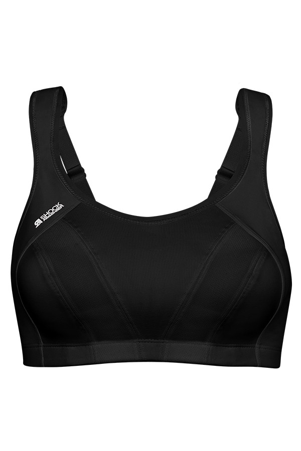 Black Shock Absorber Multi Sports Bra featuring a structured design, adjustable straps, and breathable fabric, sized 32 F.