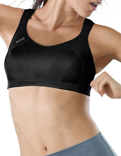Black Shock Absorber Multi Sports Bra in size 34 D, featuring a sleek design, supportive straps, and moisture-wicking material, ideal for various sports activities.