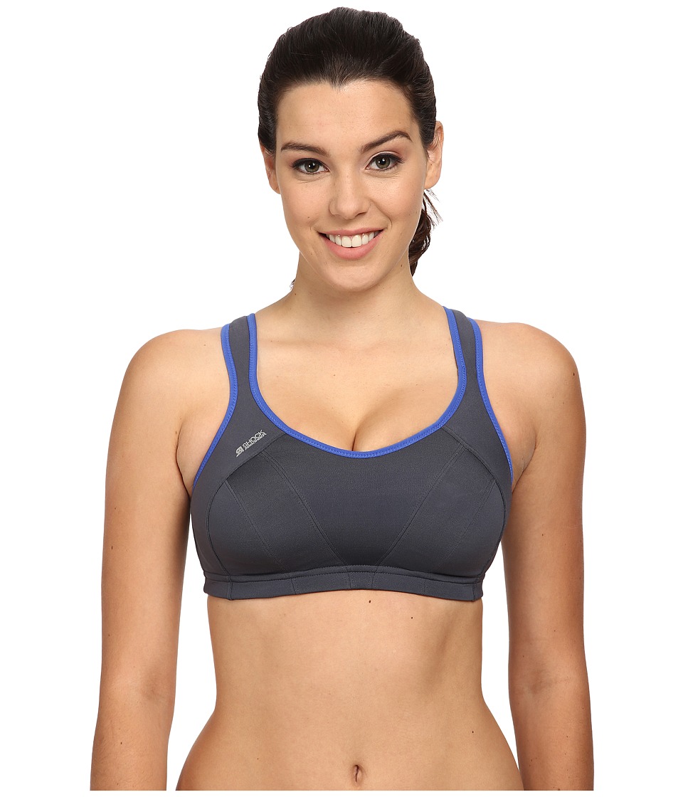 Grey Shock Absorber Multi Sports Bra with blue accents, featuring a supportive design, adjustable straps, and a comfortable fit, size 30 E.