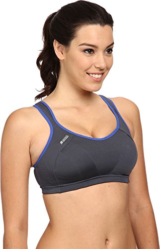 Grey Shock Absorber Multi Sports Bra featuring a sleek design, adjustable straps, and contrasting blue accents, suitable for high-impact activities, size 30 GG.