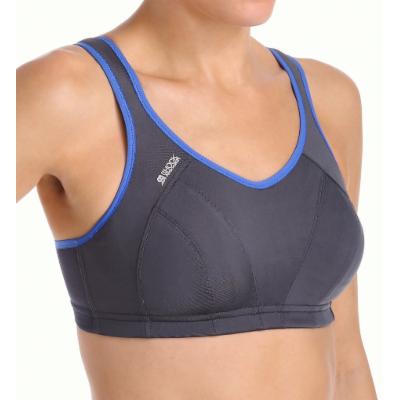 Grey sports bra with blue accents, featuring a v-neck design, adjustable straps, and padded cups for support, labeled as Shock Absorber, size 36 C.