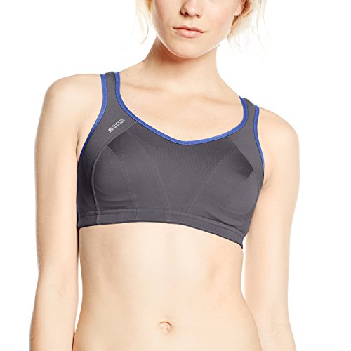 Grey sports bra with blue accents, featuring a supportive design, adjustable straps, and a smooth, stretchy material, labeled as "Shock Absorber Multi Sports Bra | 36 G."
