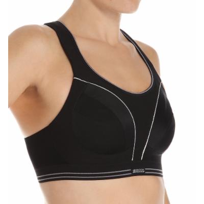 Black Shock Absorber Run Bra in size 32 B, featuring a sleek design, supportive cups, wide straps, and reflective detailing for visibility during workouts.