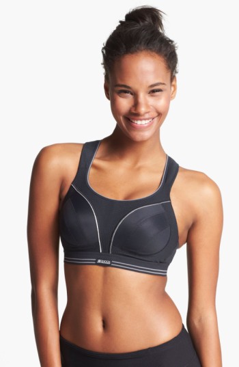 Black Shock Absorber Run Bra in size 32C, featuring a sleek design, breathable material, and supportive underwire, highlighted by white accent stripes.