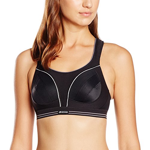 Black Shock Absorber Run Bra in size 36 D, featuring a supportive design with molded cups, wide straps, and a breathable mesh fabric for comfort during workouts.