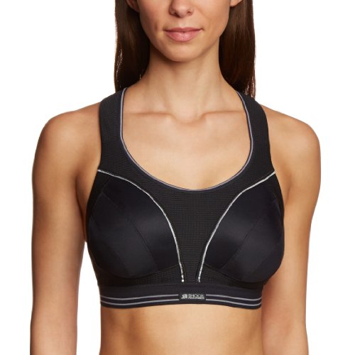 Black Shock Absorber Run Bra in size 38D, featuring a supportive design, textured fabric, and contrasting white stitching along the edges for added style.