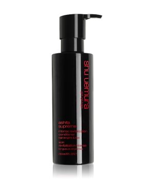 Black pump bottle of Shu Uemura Ashita Supreme conditioner, featuring a sleek design with red text, 250ml capacity, and a modern, minimalist aesthetic.
