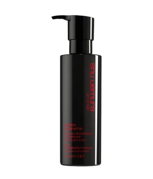 Black plastic bottle with a sleek design, featuring a pump dispenser, labeled "Shu Uemura Ashita Supreme Smoothing Conditioner" in red text, 8 Oz/250 Ml size for frizz control.
