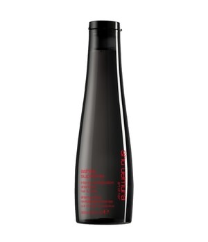 Sleek black bottle of Shu Uemura Ashita Supreme Smoothing Shampoo, featuring red text and a modern design, labeled for frizz control, 10 fl oz/300 ml.
