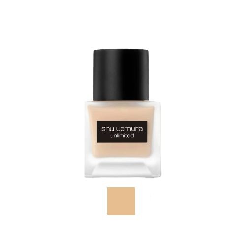Clear glass bottle with a black cap, containing 35ml of Shu Uemura's Unlimited Breathable Lasting Foundation in shade 2.0, featuring a light beige color swatch below.