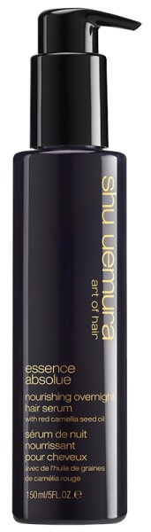 Dark purple bottle with a sleek design, featuring gold text that reads "Shu Uemura Art of Hair Essence Absolue Nourishing Overnight Hair Serum," 5 oz, with a pump dispenser.
