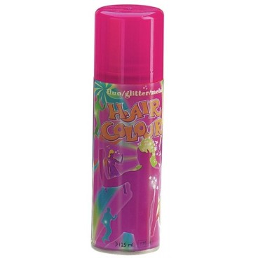 Neon pink aerosol spray can for hair color, featuring vibrant graphics and a shiny, bright pink cap, labeled "Hair Colour" in bold letters, with a volume of 125ml.