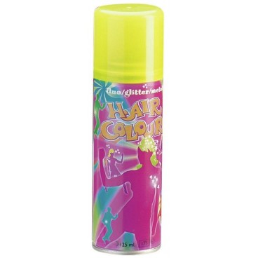 Fluorescent yellow hair color spray in a 125ml can with vibrant pink and yellow packaging featuring playful graphics and the text "Hair Colour."